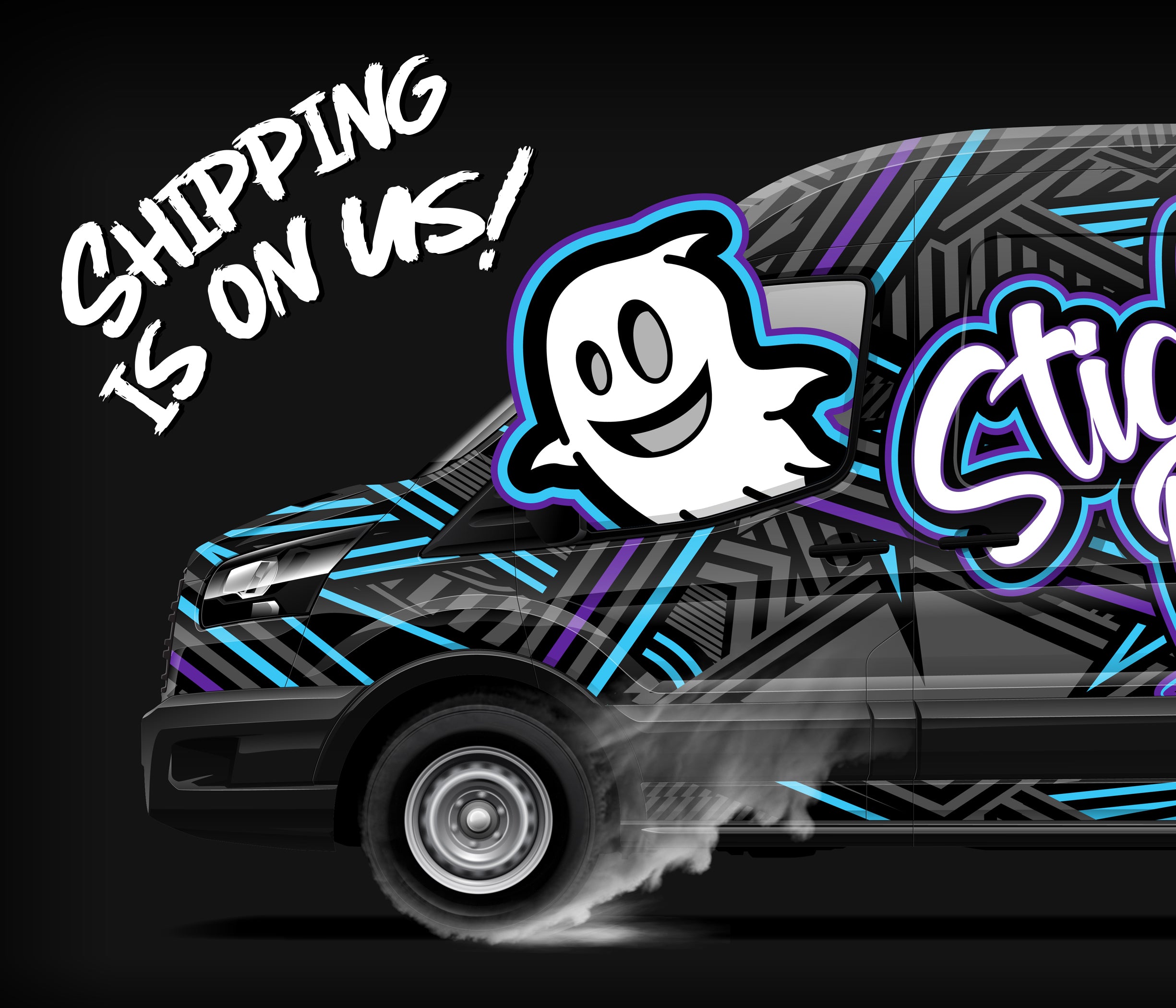 sticker phantom wrapped van with ghost sticking outside of the window